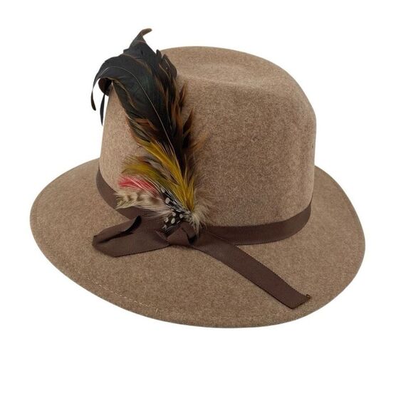 Vintage Knox Custom Felt Fedora Hat with Feather Accent Tan Wool Made in USA - Picture 6 of 10